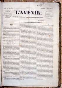 Prospecto anunciando la próxima publicación del Diario LAvenir, 7 de Septiembre de 1830 de French School